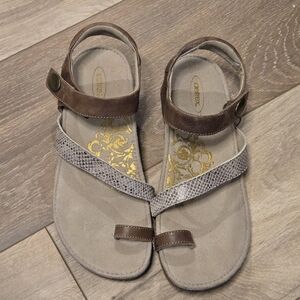 Brown and Tan Sandals with Gold Accents